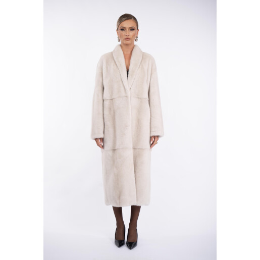 Palton lung blana naturala vizon, guler sal scurt, super light grey, 120cm
