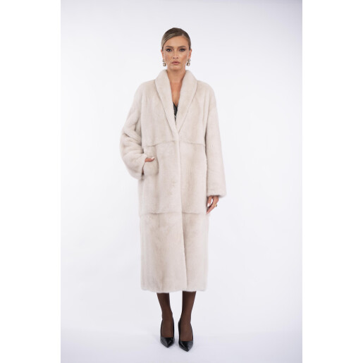 Palton lung blana naturala vizon, guler sal scurt, super light grey, 120cm