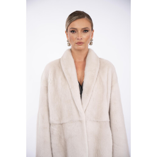 Palton lung blana naturala vizon, guler tip kimono, super light grey, 120cm