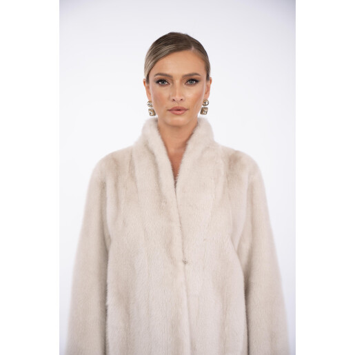 Palton lung blana naturala vizon, guler tip kimono, super light grey, 120cm