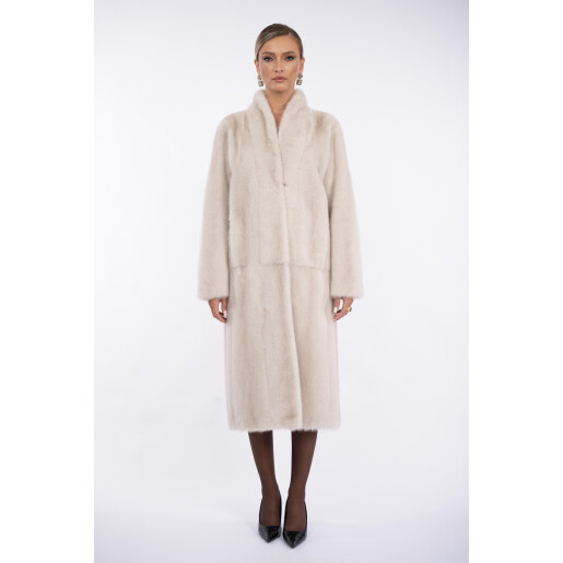 Palton lung blana naturala vizon, guler tip kimono, super light grey, 120cm