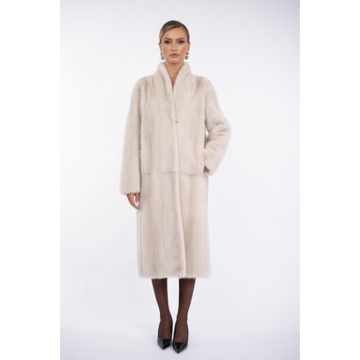 Palton lung blana naturala vizon, guler tip kimono, super light grey, 120cm