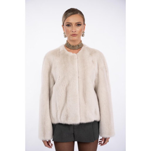 Jacheta scurta blana naturala vizon, super light grey, 50cm