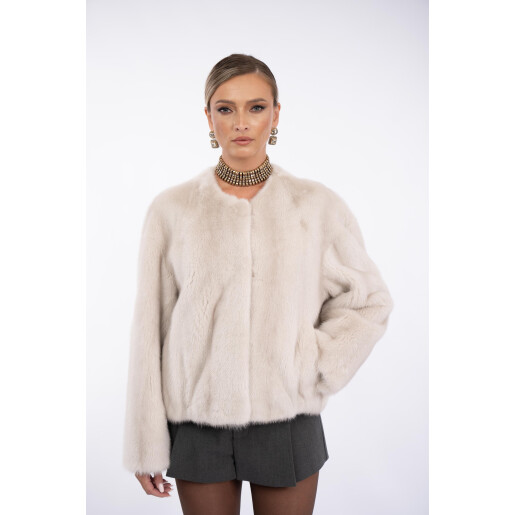 Jacheta scurta blana naturala vizon, super light grey, 50cm
