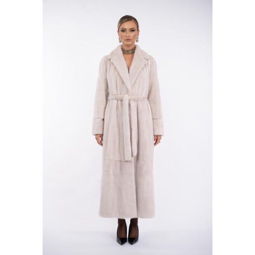 Palton blana naturala vizon, cu cordon, guler sal scurt, super light gray, 130cm