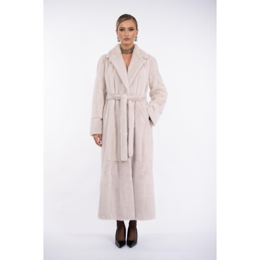 Palton blana naturala vizon, cu cordon, guler sal scurt, super light gray, 130cm