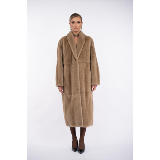 Palton blana naturala vizon, guler sal scurt, light pastel, 120cm