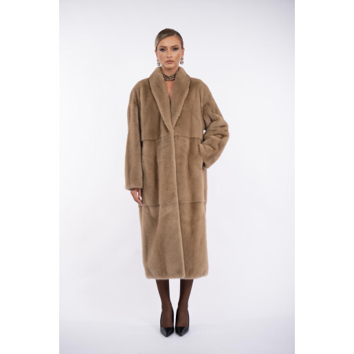 Palton blana naturala vizon, guler sal scurt, light pastel, 120cm