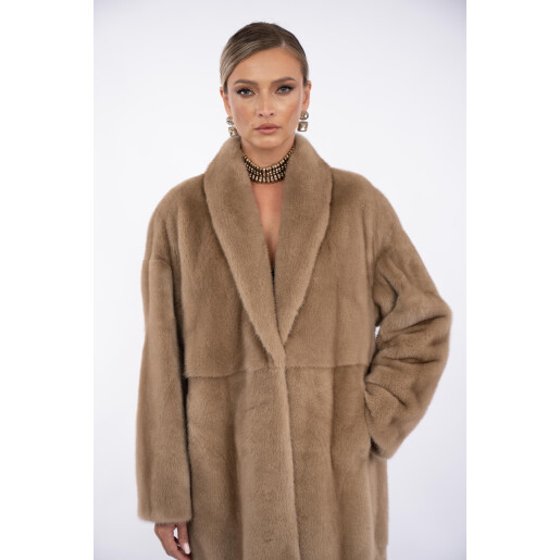 Palton blana naturala vizon, guler sal scurt, light pastel, 120cm