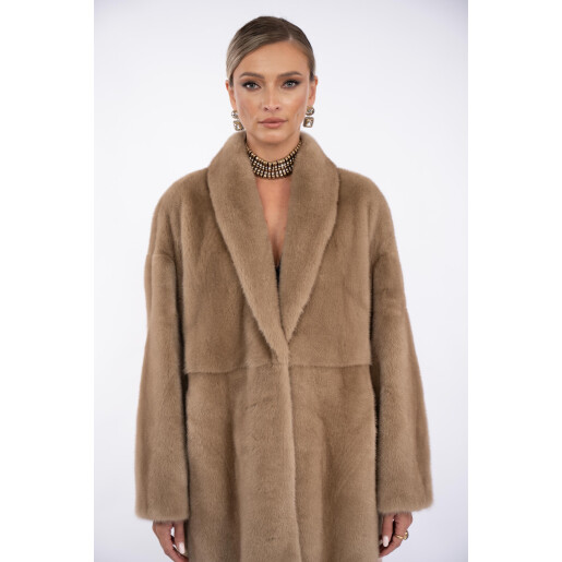 Palton blana naturala vizon, guler sal scurt, light pastel, 120cm