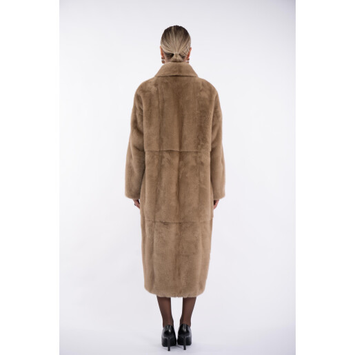 Palton blana naturala vizon, guler sal scurt, light pastel, 120cm