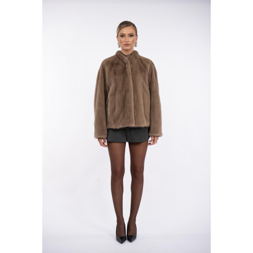 Jacheta blana naturala vizon, guler tip kimono, dark pastel, 50cm