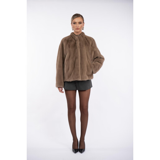 Jacheta blana naturala vizon, guler tip kimono, dark pastel, 50cm