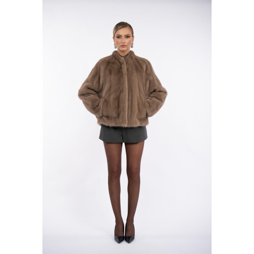 Jacheta blana naturala vizon, guler tip kimono, dark pastel, 50cm
