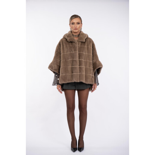 Jacheta blana naturala vizon, cu gluga si maneci 3/4, oversized, asimtrica, dark pastel, 65cm