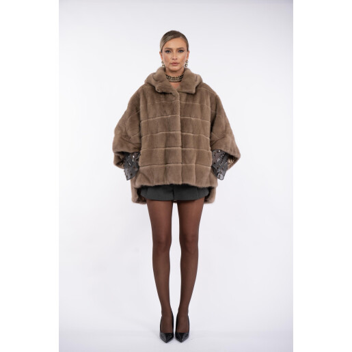 Jacheta blana naturala vizon, cu gluga si maneci 3/4, oversized, asimtrica, dark pastel, 65cm