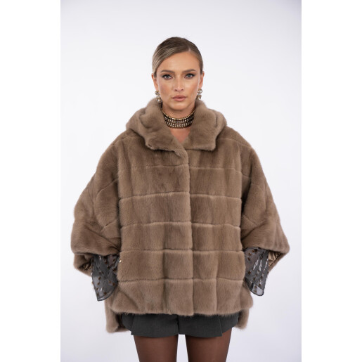 Jacheta blana naturala vizon, cu gluga si maneci 3/4, oversized, asimtrica, dark pastel, 65cm