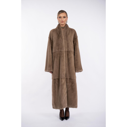 Haina lunga blana naturala vizon, guler tip kimono, dark pastel, 130cm