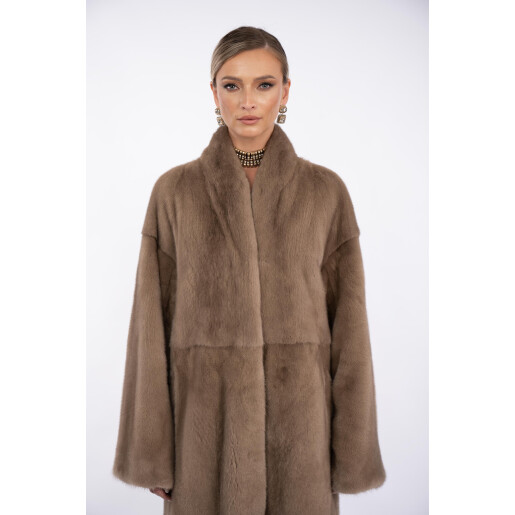 Haina lunga blana naturala vizon, guler tip kimono, dark pastel, 130cm