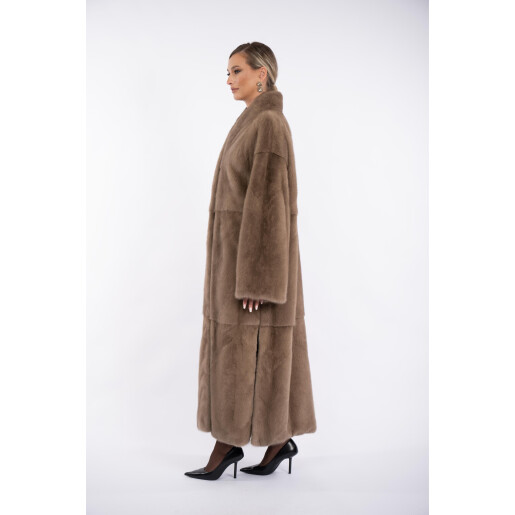 Haina lunga blana naturala vizon, guler tip kimono, dark pastel, 130cm