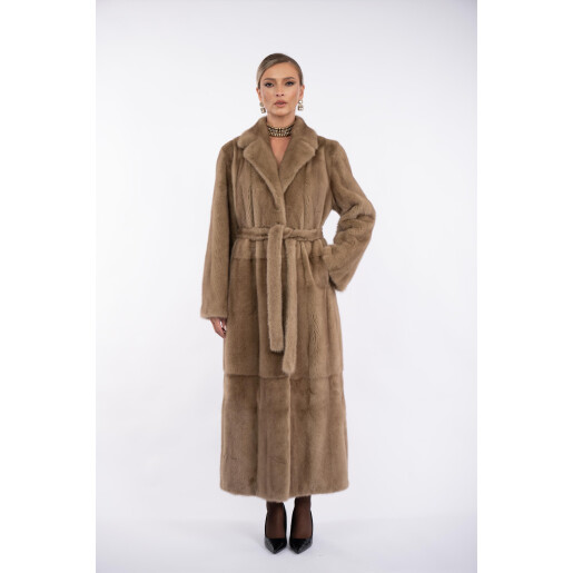 Haina lunga blana naturala vizon, rever dublu, cu cordon, dark pastel, 130cm
