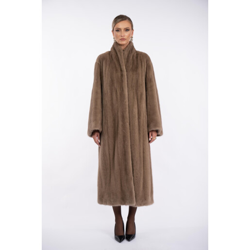 Haina blana naturala vizon, guler tip kimono, dark pastel, 130cm