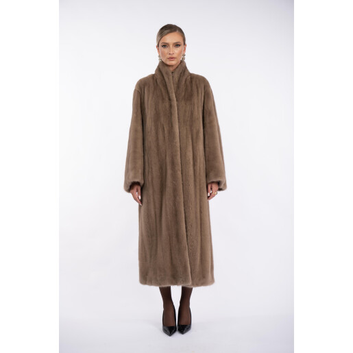 Haina blana naturala vizon, guler tip kimono, dark pastel, 130cm