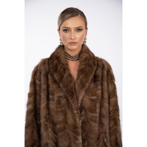 Haina lunga blana naturala vizon, guler sal, 3 haine in 1, maro, 130cm