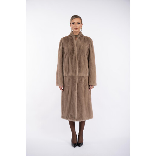 Palton blana naturala vizon, dark pastel, 100cm, guler tip kimono