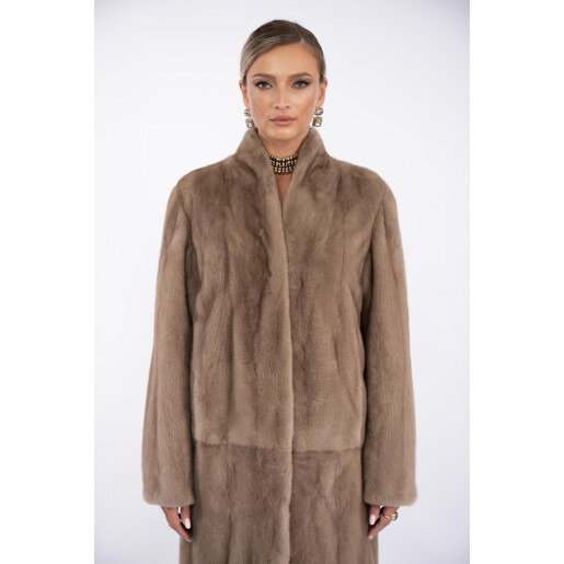 Palton blana naturala vizon, dark pastel, 100cm, guler tip kimono