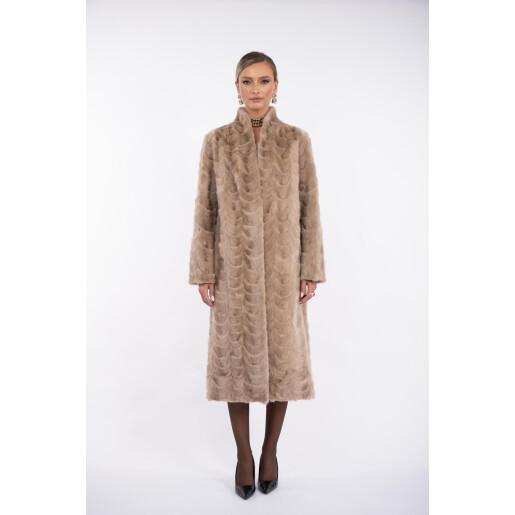 Palton blana naturala vizon, guler tip kimono, light capuccino, 100cm