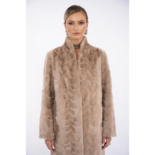 Palton blana naturala vizon, guler tip kimono, light capuccino, 100cm