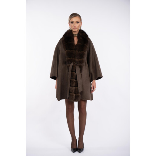 Capa oversized de lana cu matase, guler amplu de nlana naturala vulpe, dark brown, 80cm