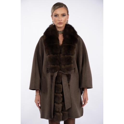 Capa oversized de lana cu matase, guler amplu de nlana naturala vulpe, dark brown, 80cm