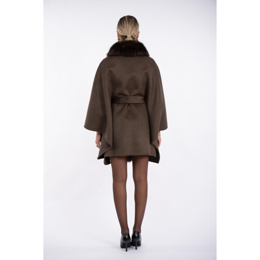 Capa oversized de lana cu matase, guler amplu de nlana naturala vulpe, dark brown, 80cm
