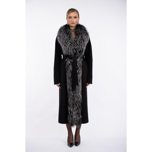 Palton lana cu matase, guler amplu blana naturala vulpe argintie, negru, 120cm