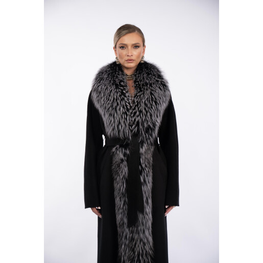 Palton lana cu matase, guler amplu blana naturala vulpe argintie, negru, 120cm