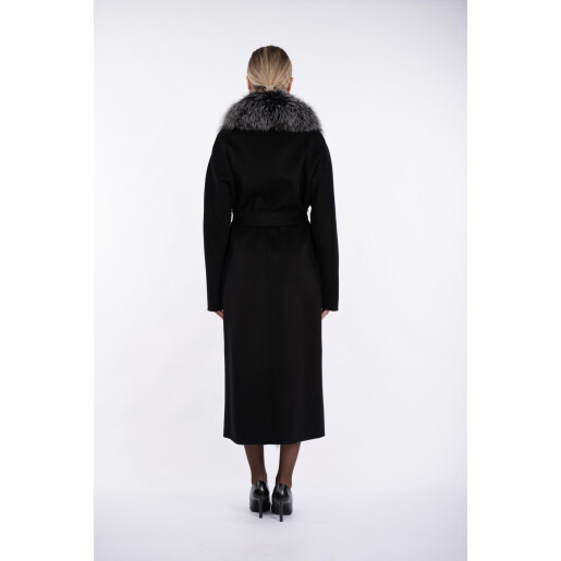 Palton lung lana + matase, guler amplu de blana naturala vulpe argintie, negru, 120cm