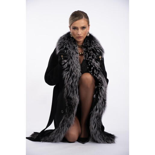 Palton lung lana + matase, guler amplu de blana naturala vulpe argintie, negru, 120cm