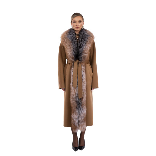 Palton lana cu matase, guler amplu de blana naturala vulpe, camel, 120cm