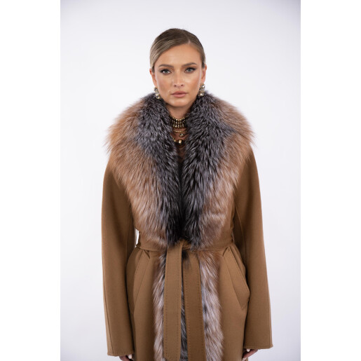 Palton lung lana si matase cu blana naturala vulpe, camel, 120cm