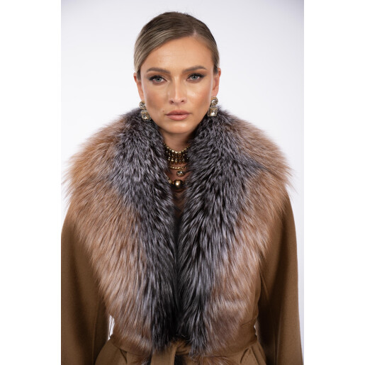 Palton lung lana si matase cu blana naturala vulpe, camel, 120cm