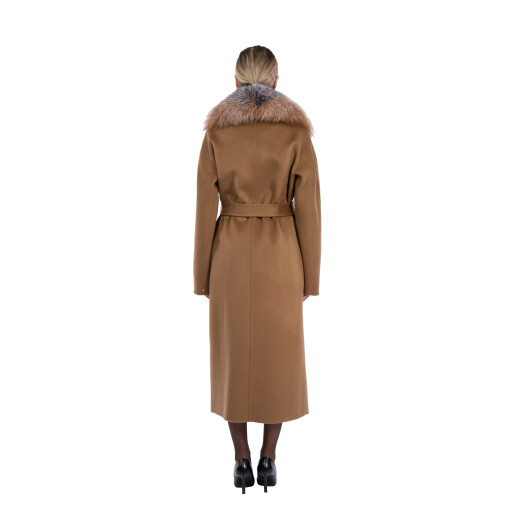 Palton lana cu matase, guler amplu de blana naturala vulpe, camel, 120cm