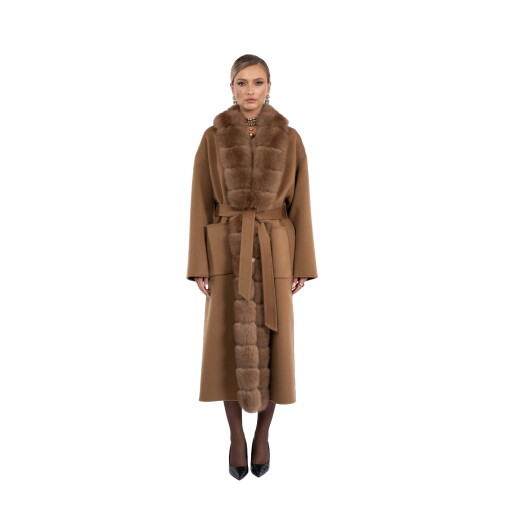 Palton lung lana si matase, guler blana naturala vulpe capuccino, camel, 120cm