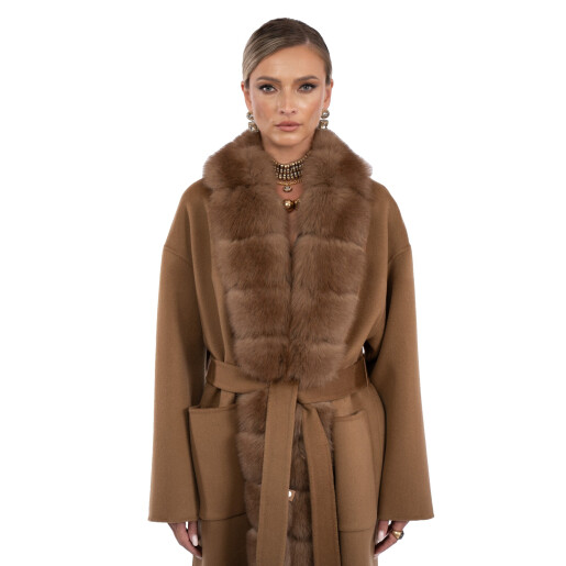 Palton lung lana si matase, guler blana naturala vulpe capuccino, camel, 120cm