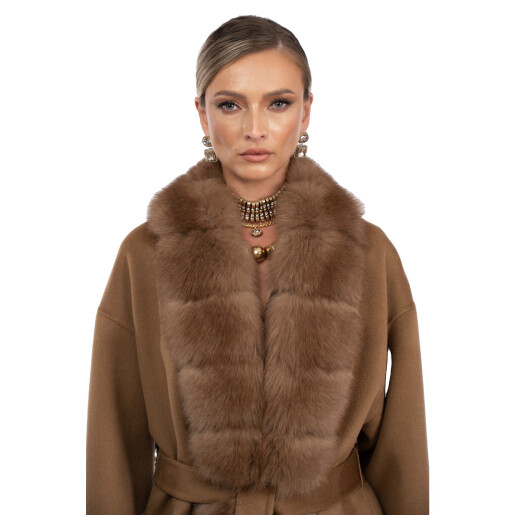 Palton lung lana si matase, guler blana naturala vulpe capuccino, camel, 120cm