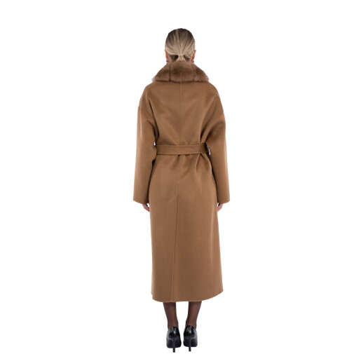 Palton lung lana si matase, guler blana naturala vulpe capuccino, camel, 120cm