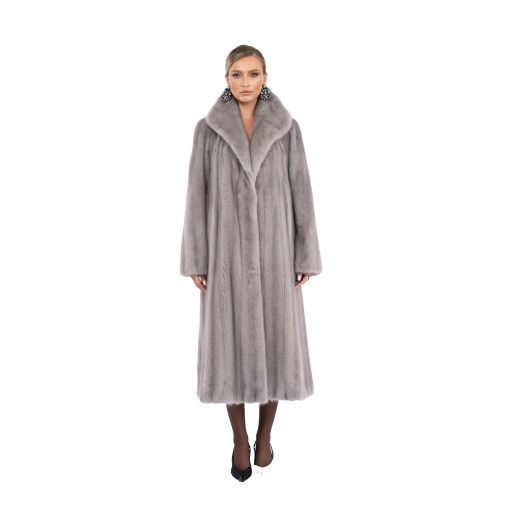 Haina lunga blana naturala vizon, guler amplu geometric, saphire, 120cm