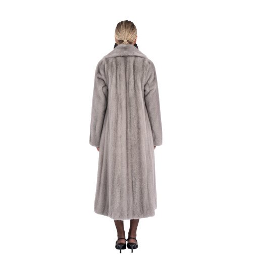 Haina lunga blana naturala vizon, guler amplu geometric, saphire, 120cm