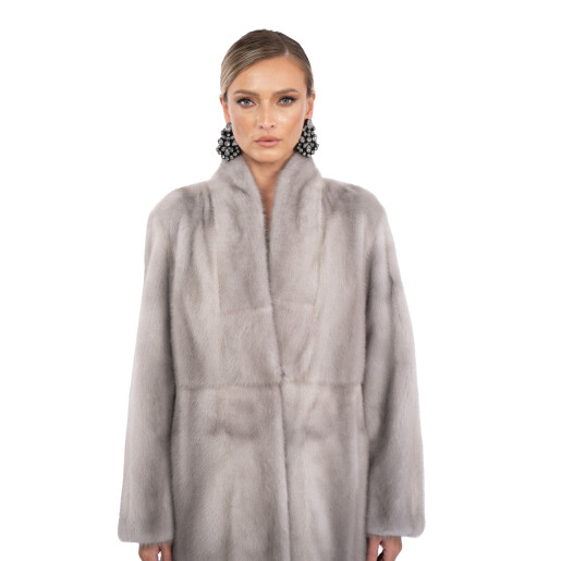 Palton blana naturala vizon, guler tip kimono, saphire, 110cm
